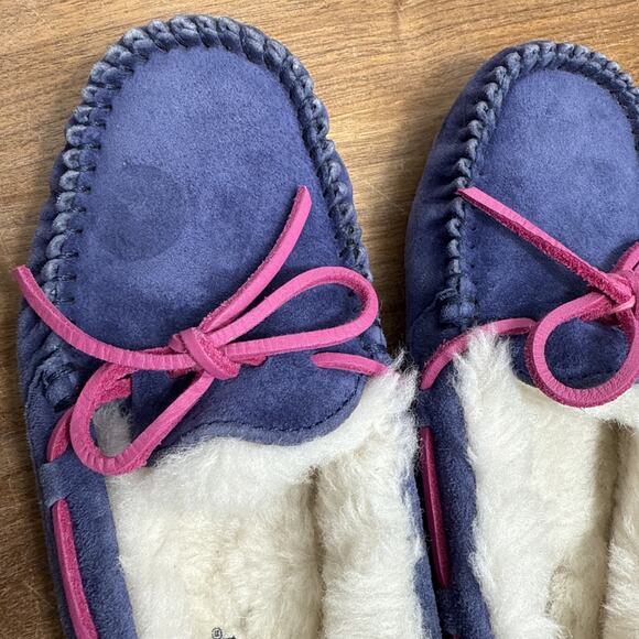 Ugg Dakota Slippers Size 5 Womens Blue Suede Pink Laces Wool Lining Rubber Soles - Picture 9 of 13